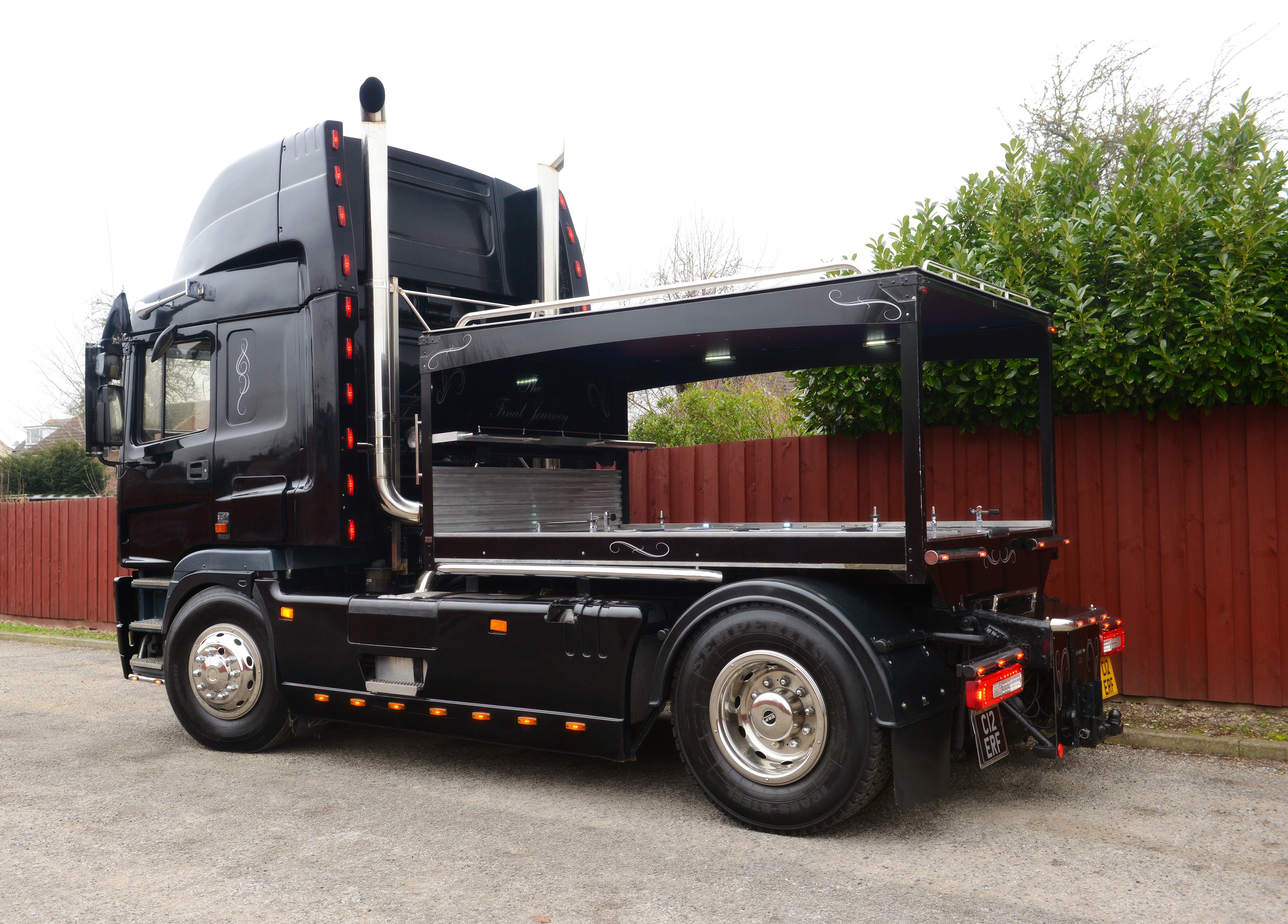 ERF EC12 lorry hearse for funeral hire across the UK