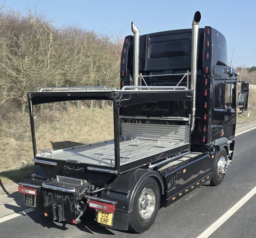 ERF EC12 lorry hearse for bespoke funeral transport in the UK