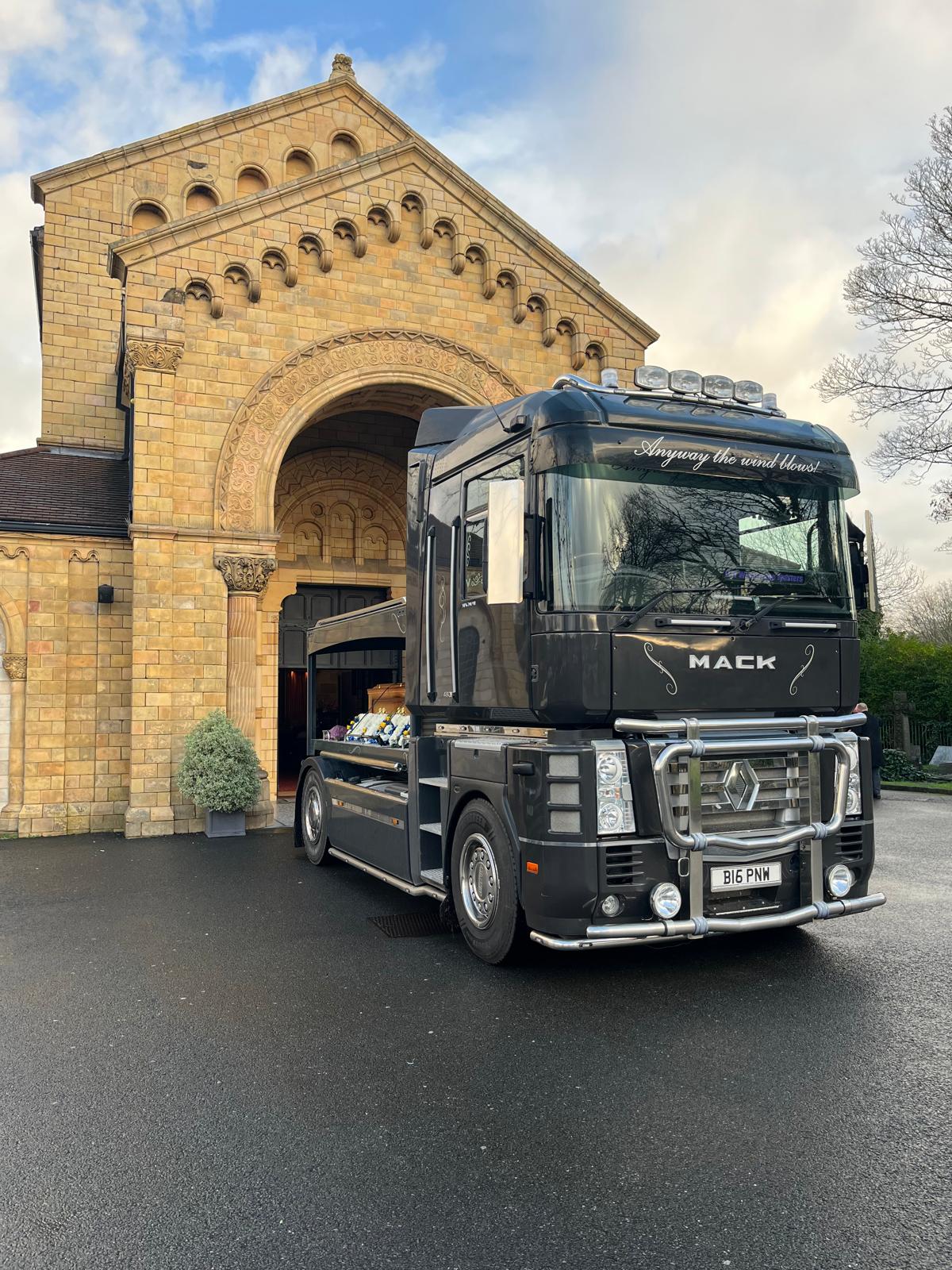 Renault Magnum truck hearse for specialist funeral hire in the UK