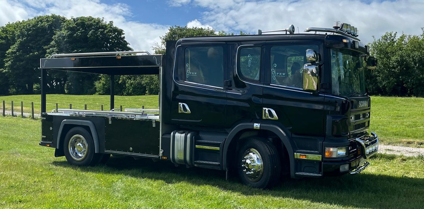 Scania Double Cab truck hearse seating up to 7 people for a personal final journey